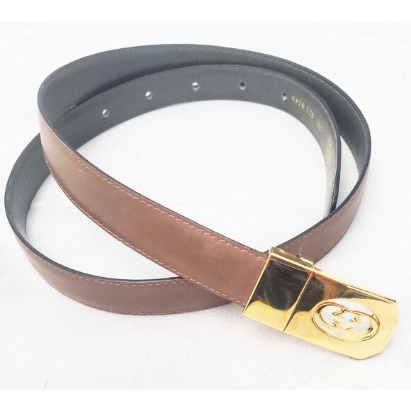 Gucci Vintage  SKINNY 2-Tone Brown Gray Leather Belt Gold GG Buckle REVERSABLE main image 4
